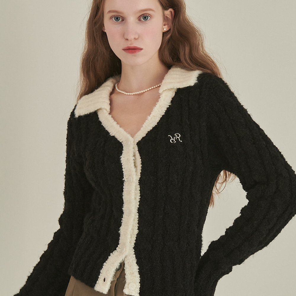 Collar Cable Boucle Alpaca Knit Cardigan Black Ivory