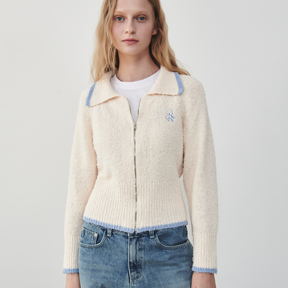BOUCLE COLLAR ZIP UP KNIT CARDIGAN IVORY