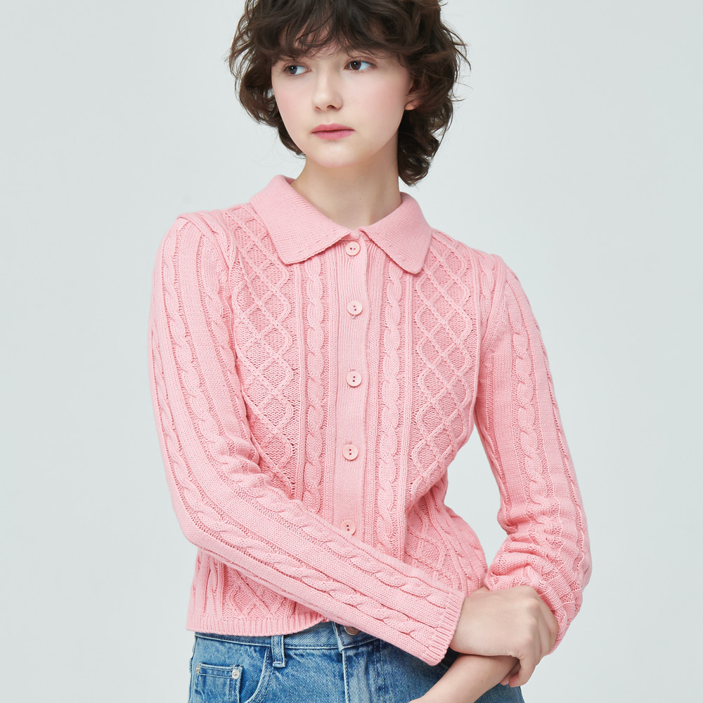 COLLAR CABLE CARDIGAN PINK